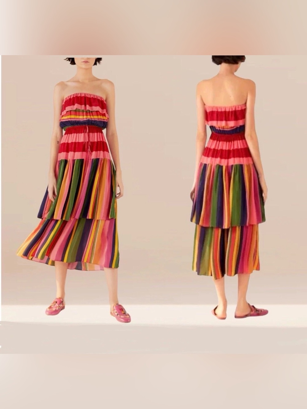 FARM RIO Mixed Stripes Strapless Ruffle Tiered Maxi Dress Multi-Color Rainbow M